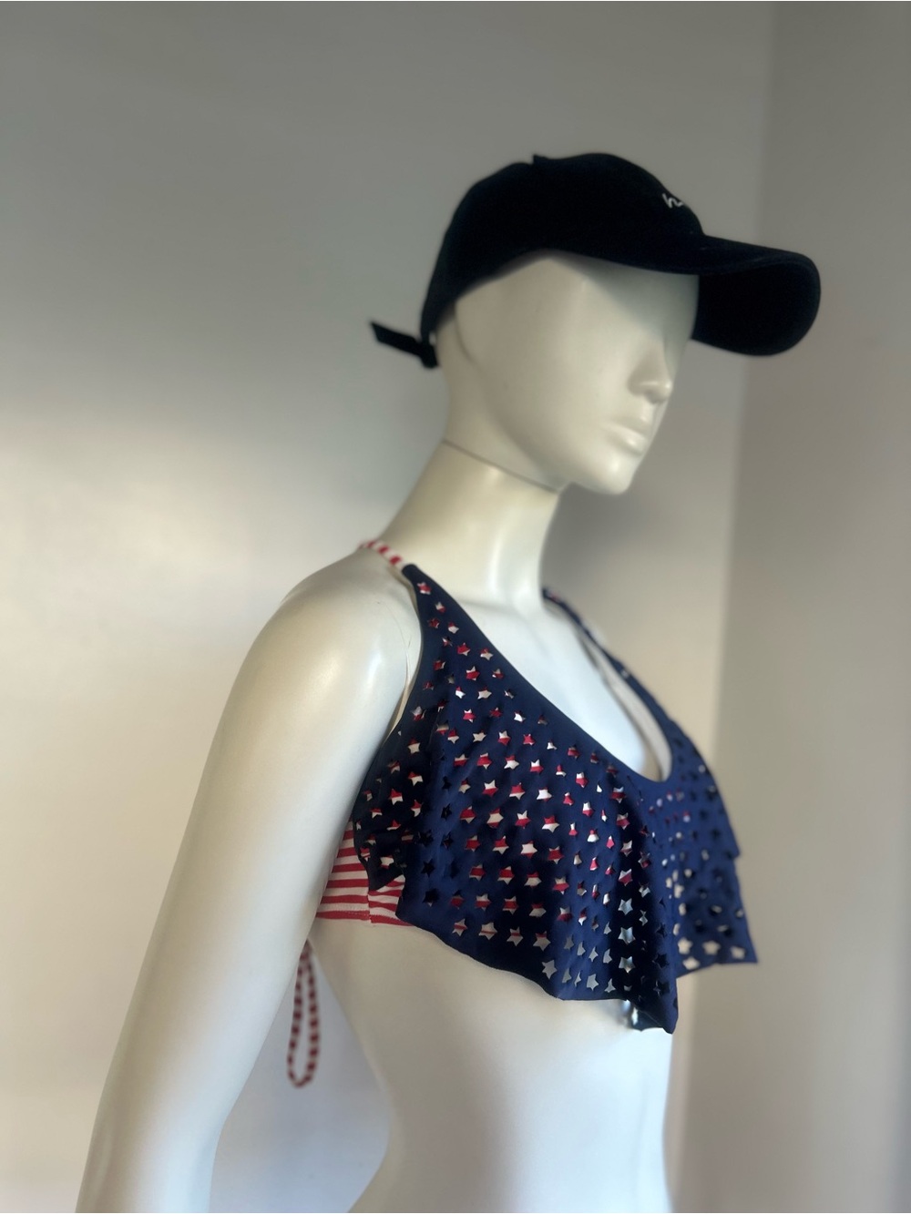 Xhilaration Red and White Striped Bikini Top with Navy Stars l swim top - Picture 6 of 8